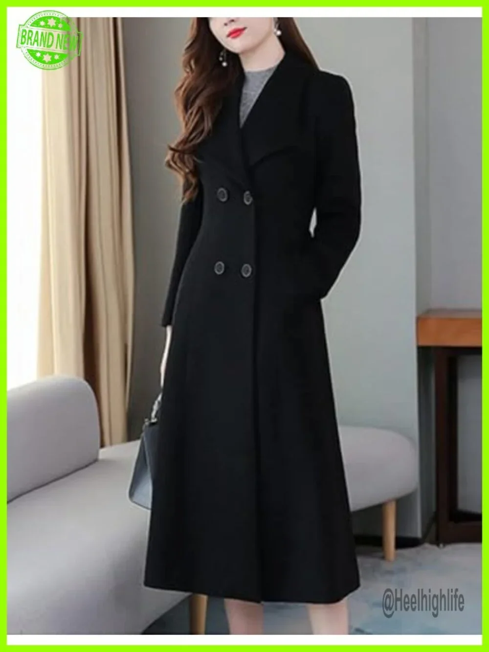Shawl Collar Long Wool Coat Double Breasted Trench Peacoat